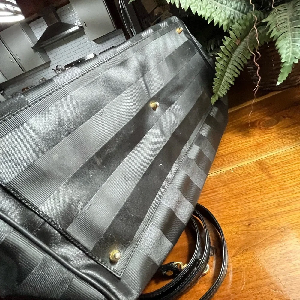 Fendi Black Striped Duffel Bag travel with strap. Convertible Boston bag
